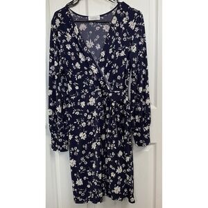 Kaileigh Faux Wrap Long Sleeve‎ Dress Navy Sz.L Stretch Banded Sleeves Floral